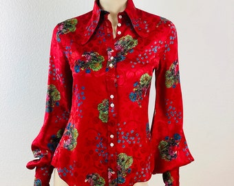 Vintage 1970s JEFF BANKS Red BALLOON Sleeve Floral Print Blouse