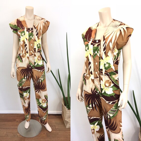 1980s Vintage TROPICAL Leafy JUNGLE Print JUMPSUIT