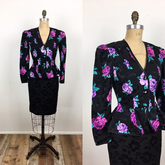 80s Vintage ROSE Print SILK AJ Bari Skirt / Jacket