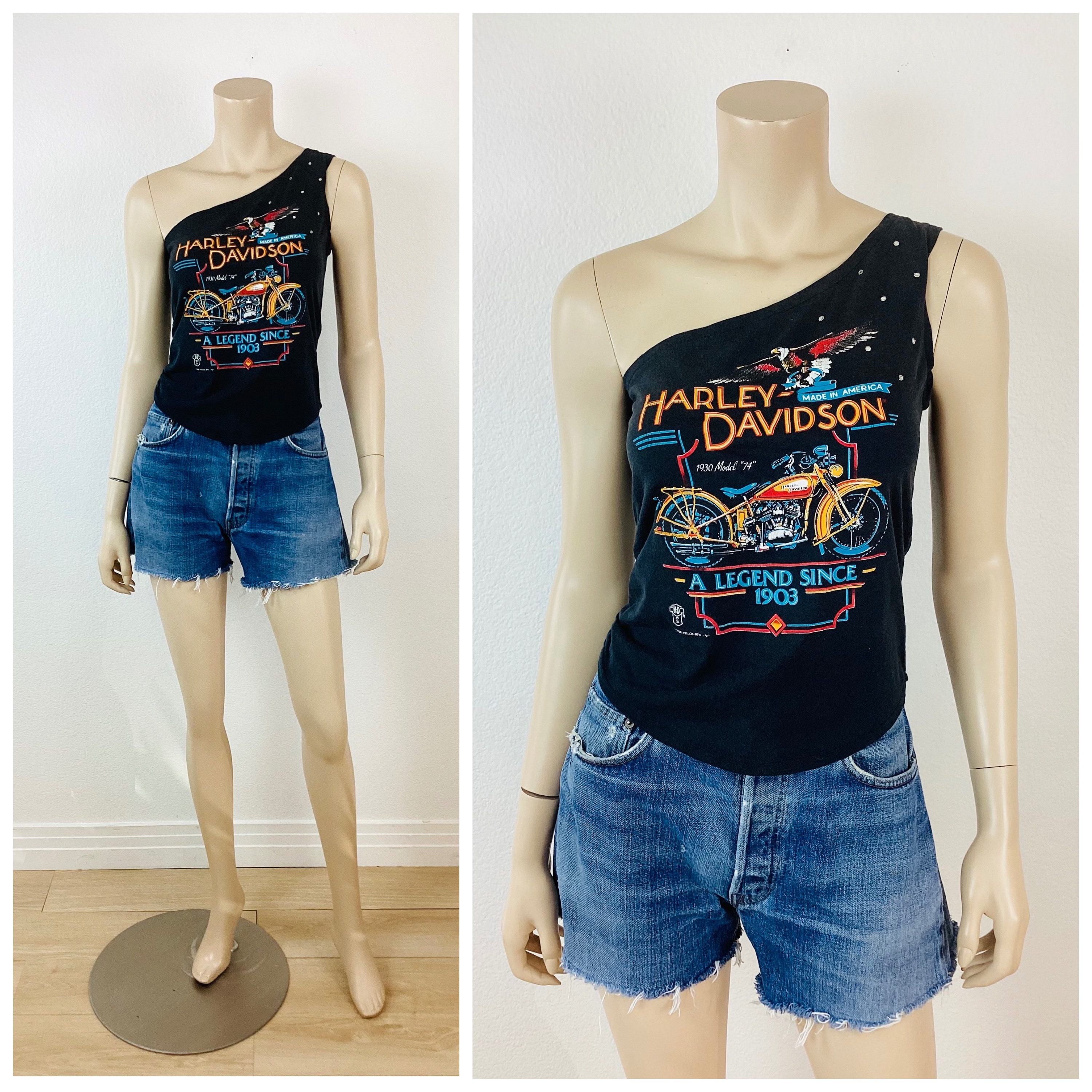 Vintage 1980s HARLEY DAVIDSON One Shoulder Rhinestone T Shirt Tee
