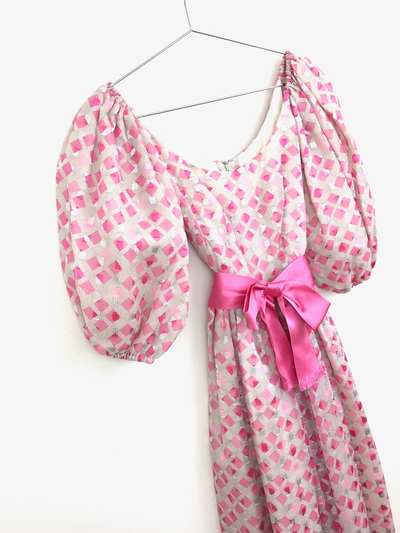 70s Vintage PUFF SLEEVE Pink Bow Boho Maxi Dress 1