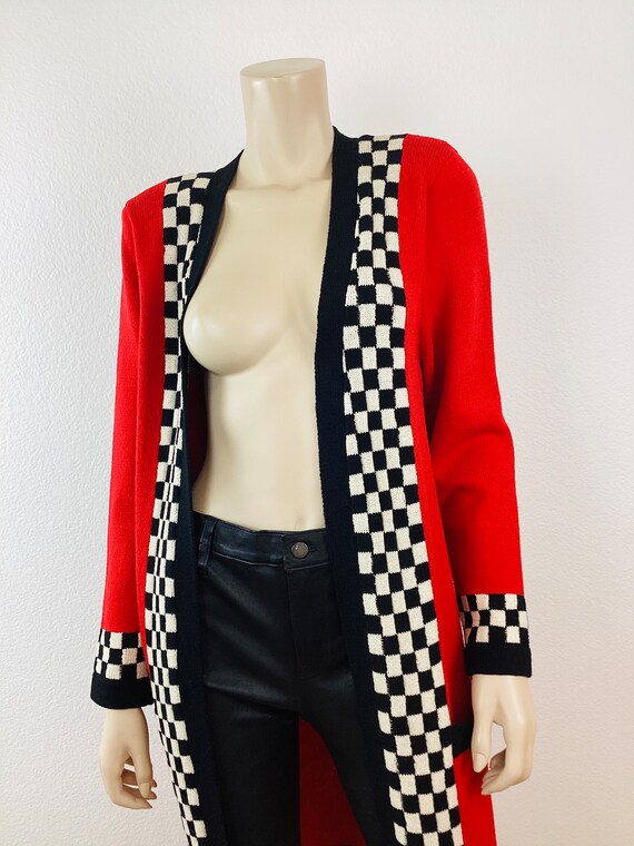 Vintage 1980s BLACK & WHITE CHECK and Red Long Kn… - image 6