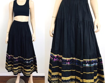 Vintage 1980s GOLD METALLIC Trim Tiered Black Cotton Swing Skirt