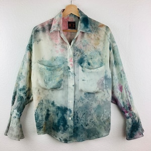 Vintage 1990s TIE DYE 100% SILK Loose Fit Poet Ruffle Sleeve Top Blouse