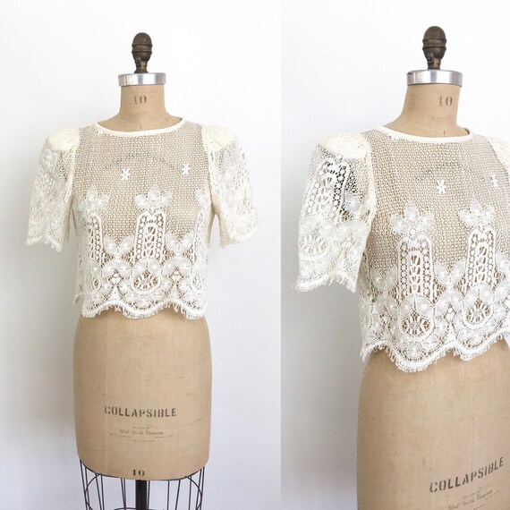 Vintage 1980s SHEER LACE Cream CROP Top Boho Blous