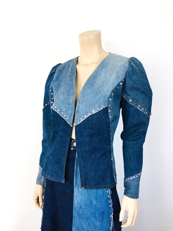 Vintage 1970s LOVE MELODY Patchwork DENIM Rhinest… - image 5