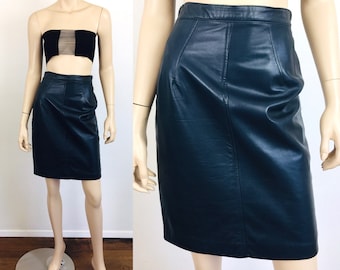 Vintage 1980s DARK BLUE Buttery LEATHER Skirt by Batya