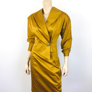 Vintage 1980s ASYMMETRICAL Dark GOLD Batwing Sleeve / High Waisted Skirt Dress Suit image 6