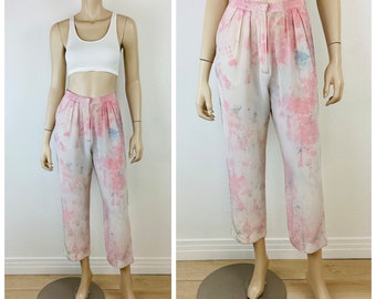 Vintage 1990s MINIMALIST PASTEL Tie Dyed SILK Pants / Trousers