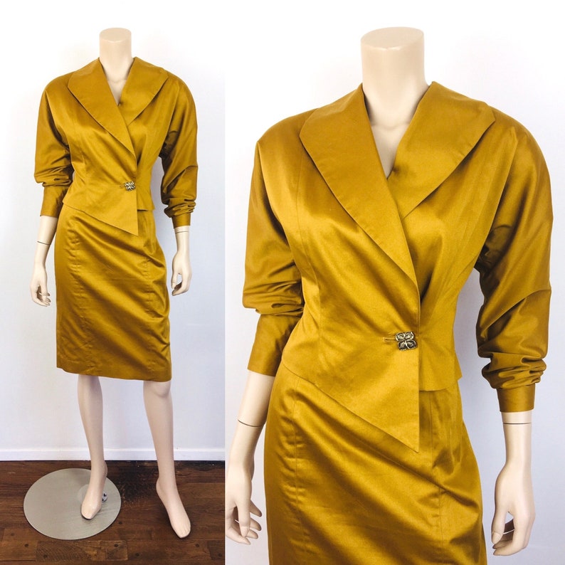 Vintage 1980s ASYMMETRICAL Dark GOLD Batwing Sleeve / High Waisted Skirt Dress Suit image 1