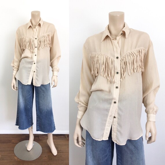 Vintage 1980s WESTERN Style Cream SILK FRINGE Blou