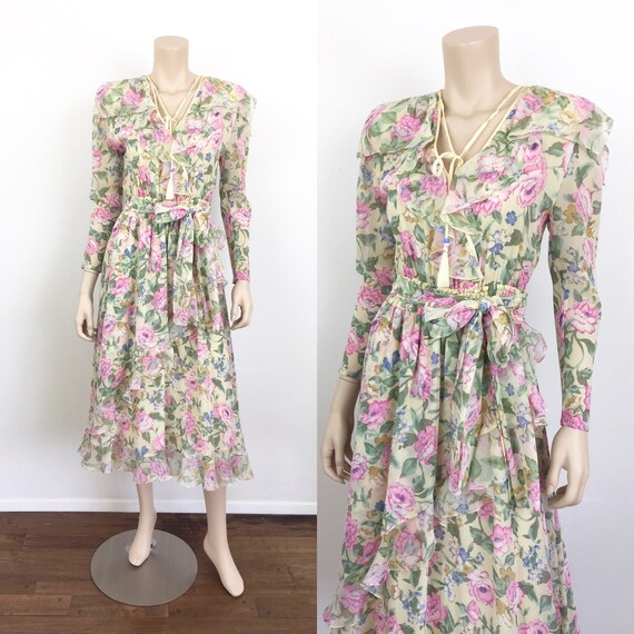 80s Vintage DIANE FREIS Yellow FLORAL Ruffle Dress