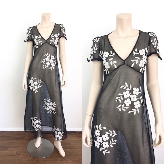 Vintage 1990s FLORAL EMBROIDERED 30s Style Black S