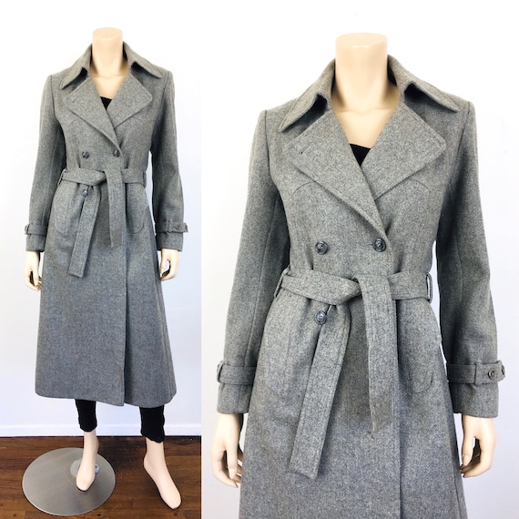 Vintage 1970s GREY WOOL Plaid Lined TRENCH Coat /