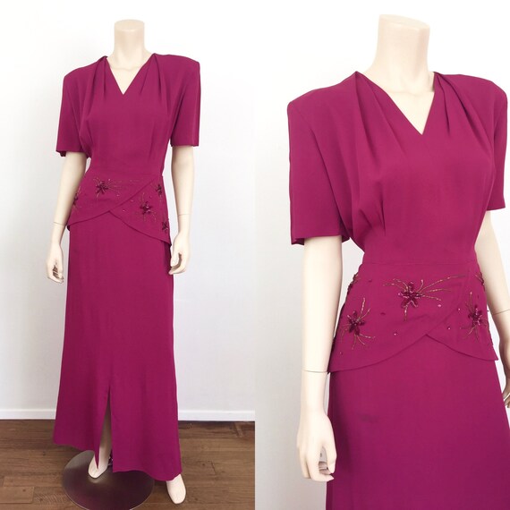 Vintage 1930s FUCHSIA BEADED PEPLUM Rayon Maxi Dre