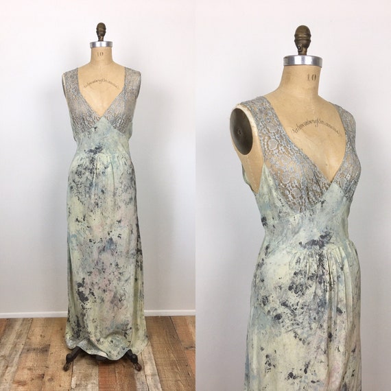 40s Vintage TIE DYE Lace Trim NIGHTGOWN Slip Dress