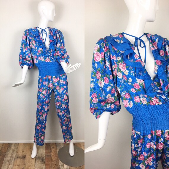 80s Vintage DIANE FREIS Ruffled Floral JUMPSUIT 19