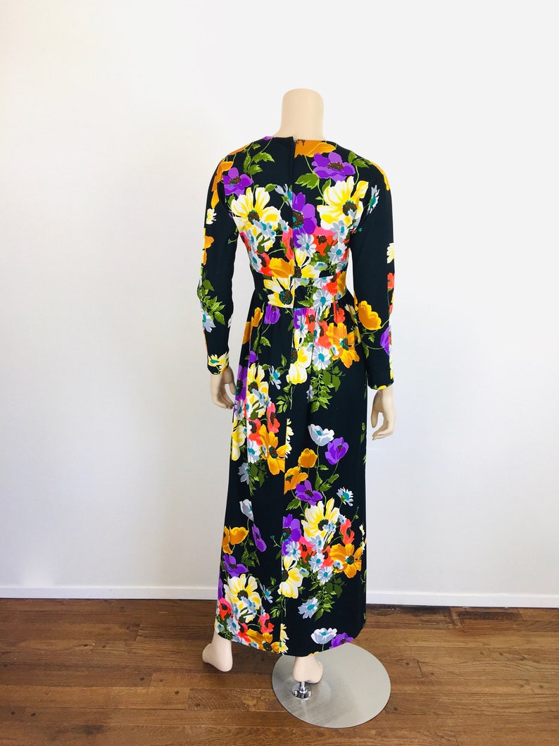 Vintage 1970s BLACK FLORAL Boho Maxi Dress image 6