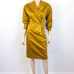 Vintage 1980s ASYMMETRICAL Dark GOLD Batwing Sleeve / High Waisted Skirt Dress Suit image 2