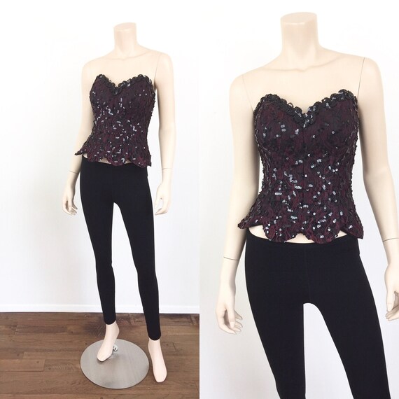 1980s Vintage Black SEQUIN Lace STRAPLESS BUSTIER
