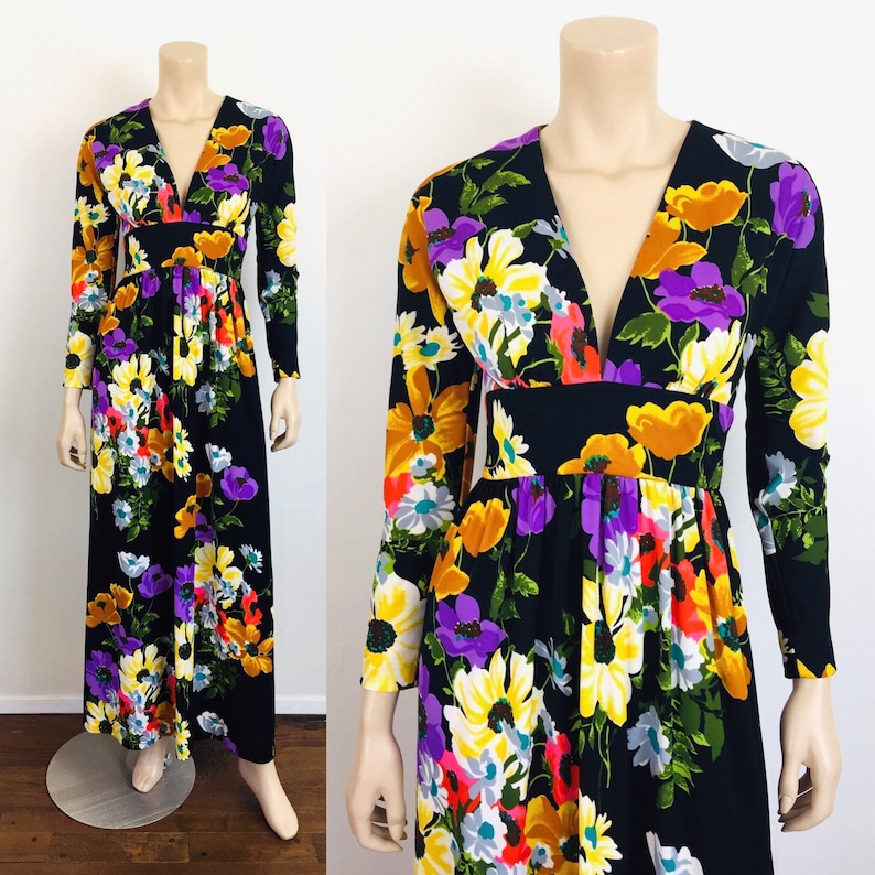 Vintage 1970s BLACK FLORAL Boho Maxi Dress image 1