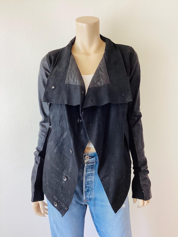 Rick Owens, RICK OWENS Black DRKSHDW Coated Denim & Leather Sleeve Jacket / Avant Garde