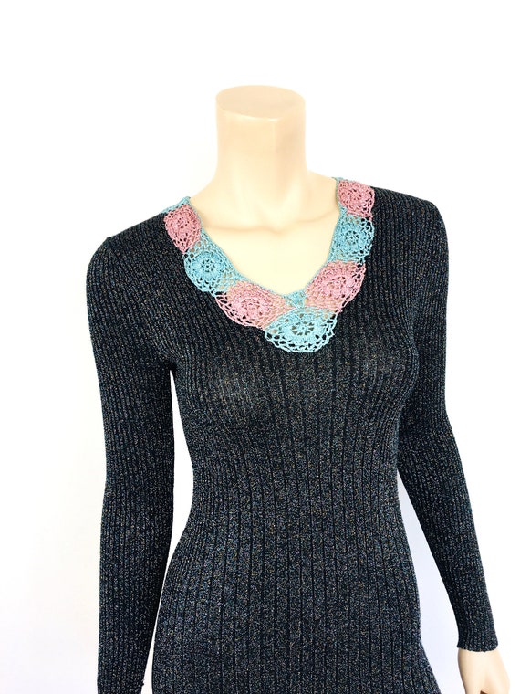 Vintage 1970s WENJILLI Black METALLIC CROCHET Nec… - image 5