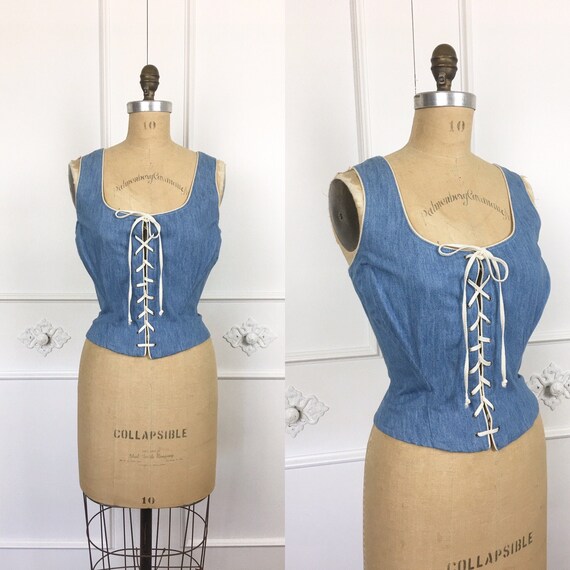 90s Vintage DENIM Lace Up CORSET TOP 1990s