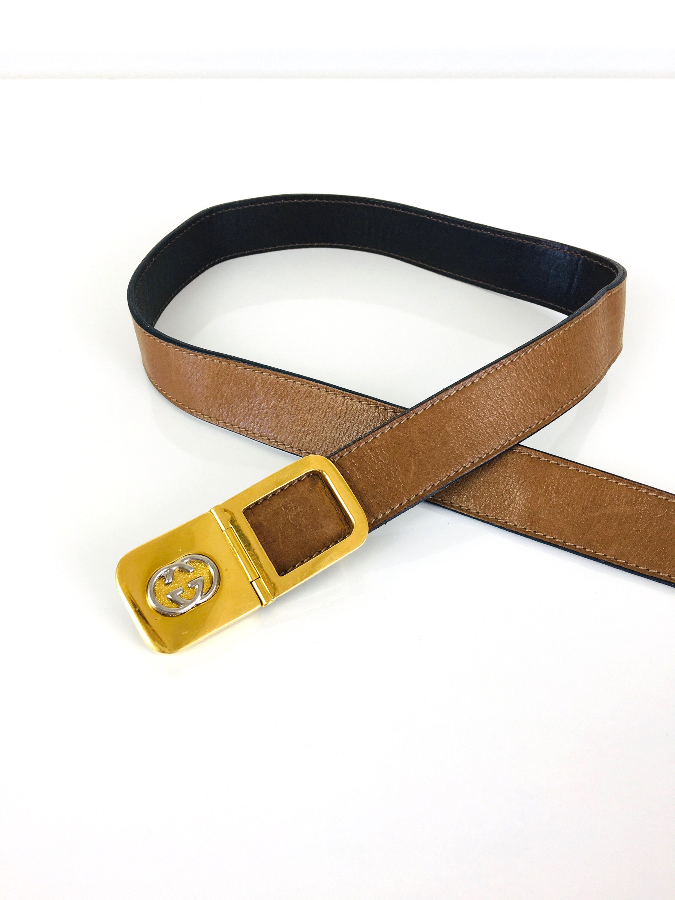 Vintage 1980s GUCCI GG Gold & Silver Buckle Brown Leather  display picture 1
