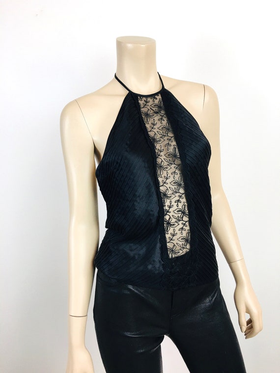 Vintage 1990s Black SILK CHARMEUSE & LACE Pin Tuc… - image 5