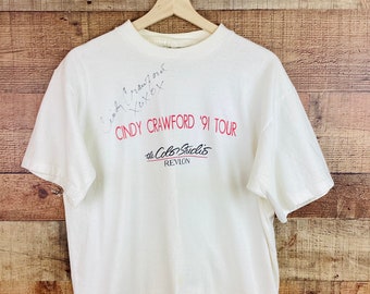 Vintage 1990s CINDY CRAWFORD Signed / AUTOGRAPHED ‘91 Revlon Color Studios Tour T Shirt / Super Model