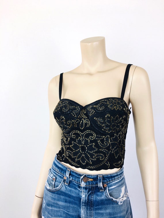 Vintage 1980s Black & GOLD BEADED BUSTIER Crop To… - image 5