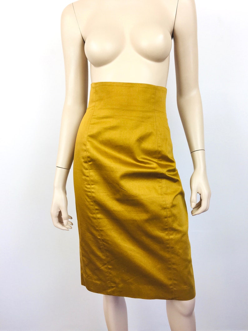 Vintage 1980s ASYMMETRICAL Dark GOLD Batwing Sleeve / High Waisted Skirt Dress Suit image 10