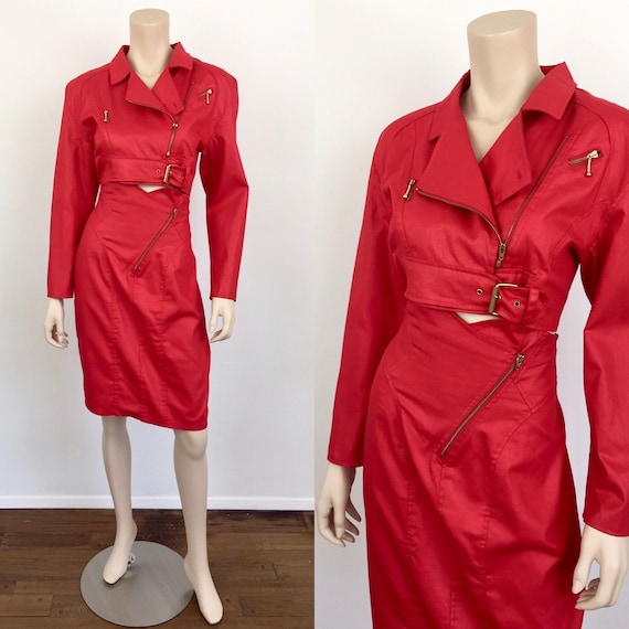 Vintage 1980s RED CROPPED MOTO Jacket & High Waist