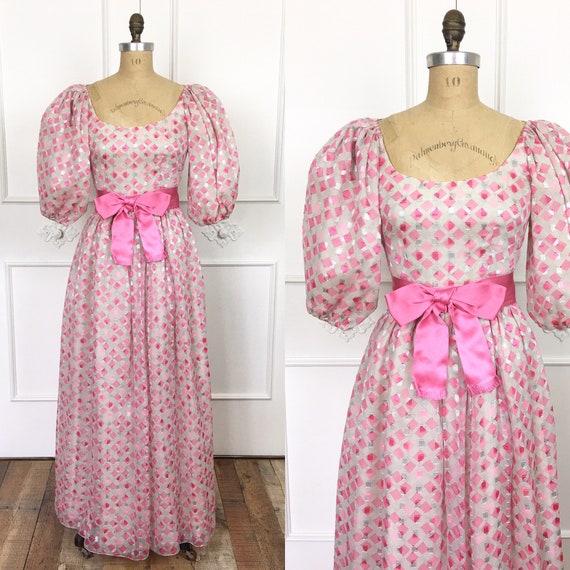 70s Vintage PUFF SLEEVE Pink Bow Boho Maxi Dress 1