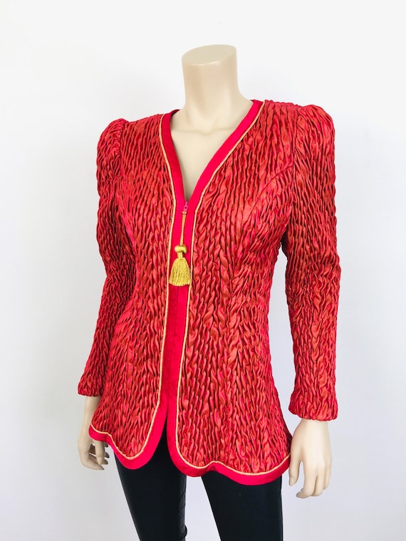 Vintage 1980s SMOCKED RED Zip Front TASSEL Quilte… - image 4