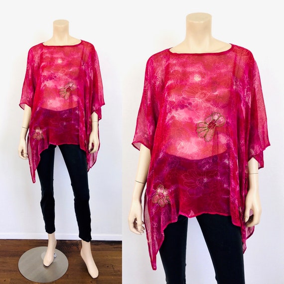 Vintage 1980s SHEER FLORAL Silk CHIFFON Beaded Pon