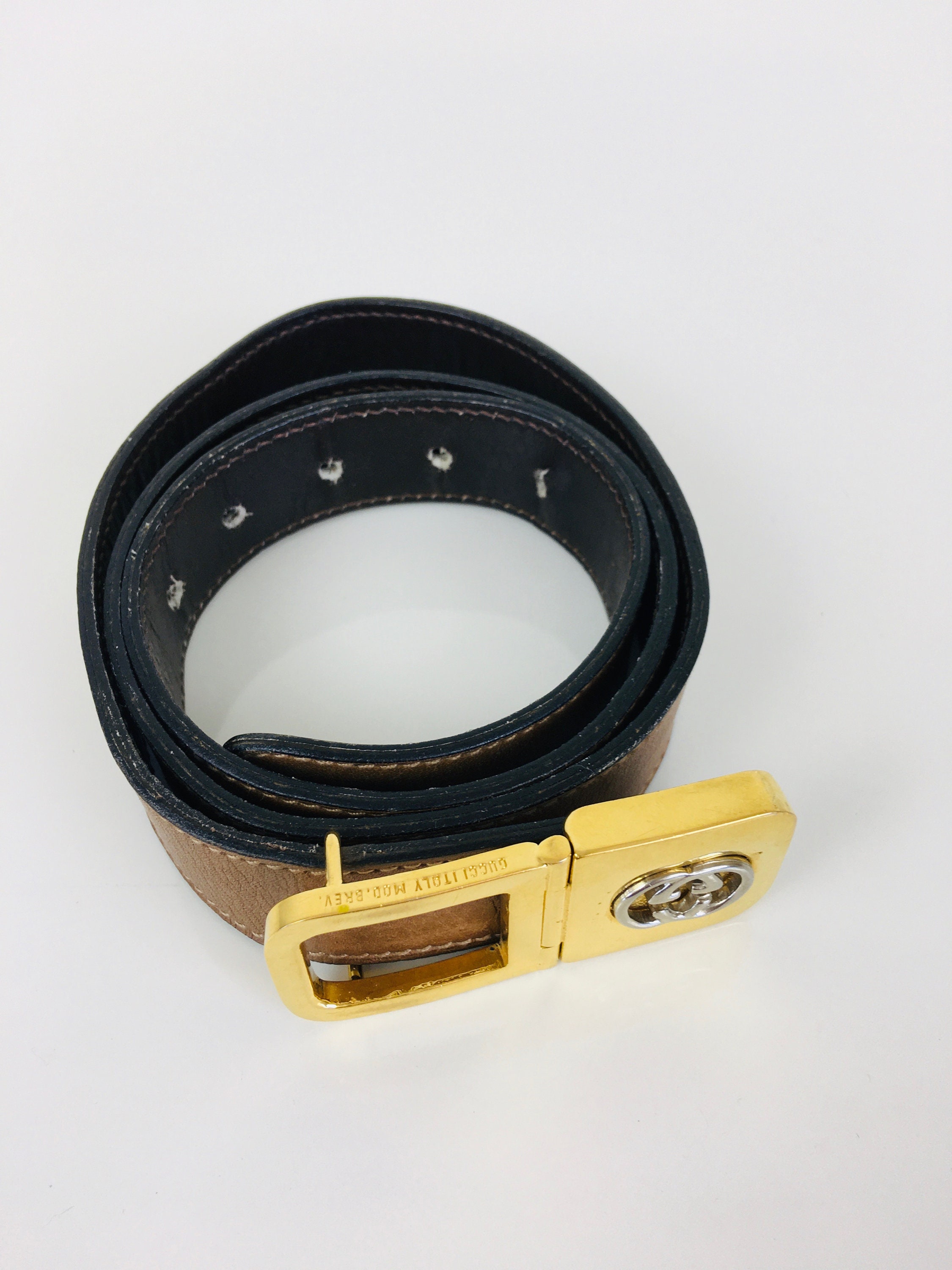 Vintage Gucci Leather Belt from 1980’s with Silver and Gold Plated Buckle Vintage 1980s GUCCI GG Gold & Silver Buckle Brown Leather  main image 4