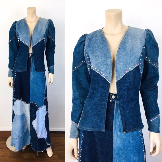 Vintage 1970s LOVE MELODY Patchwork DENIM Rhinest… - image 1