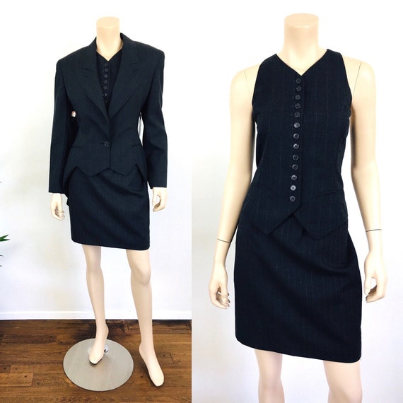 Vintage NORMA KAMALI 3Pc PINSTRIPE Skirt Vest Jack