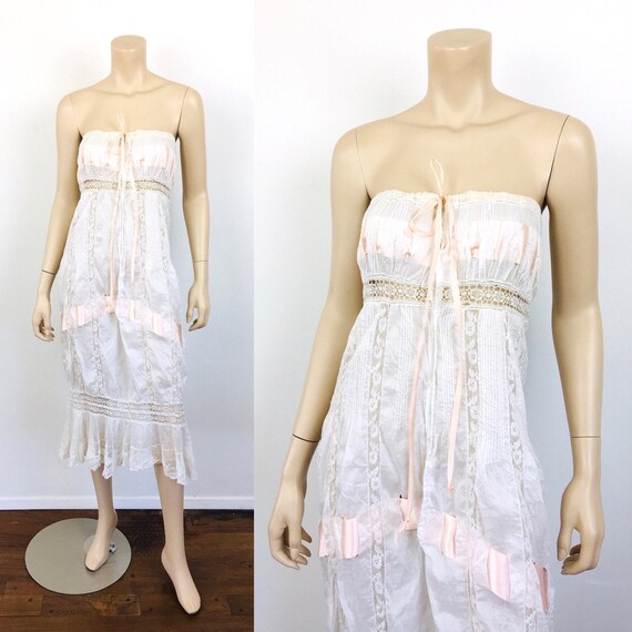 Vintage ANTIQUE COTTON & LACE Strapless Ribbon Tie