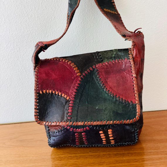 Vintage 1970s CHAR PATCHWORK LEATHER Whipstitch H… - image 1