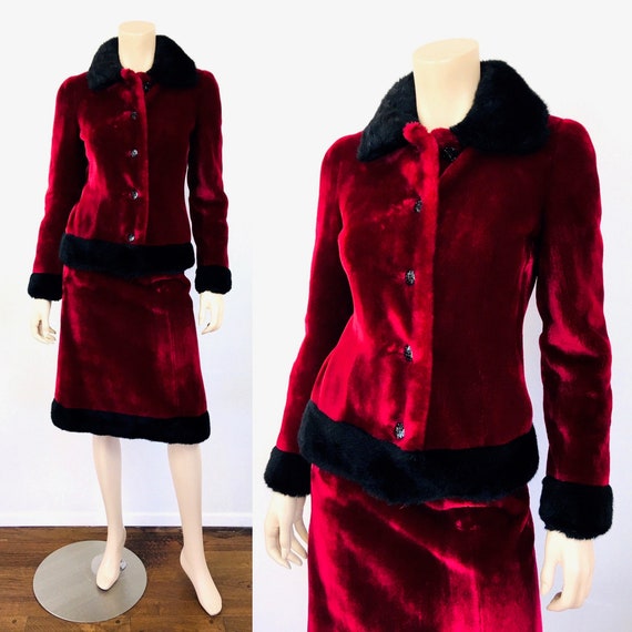 Vintage 1960s GIVENCHY Red & Black FAUX FUR Skirt