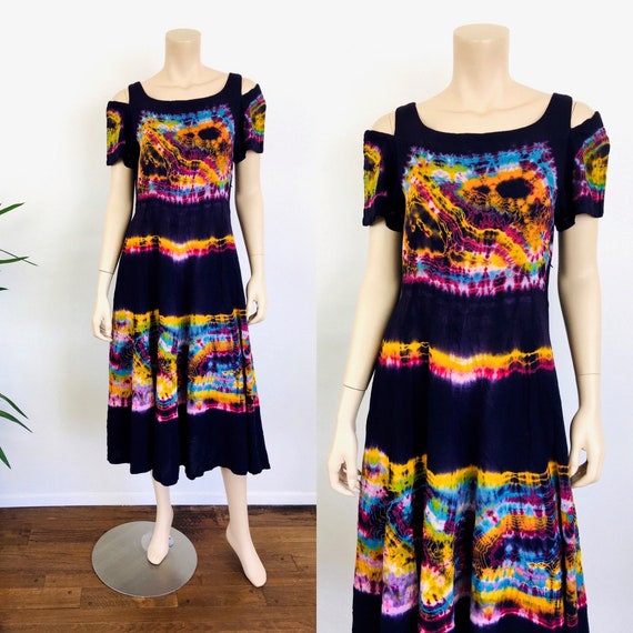 Vintage 1990s TIE DYE Print RAYON Bare Shoulder Dr