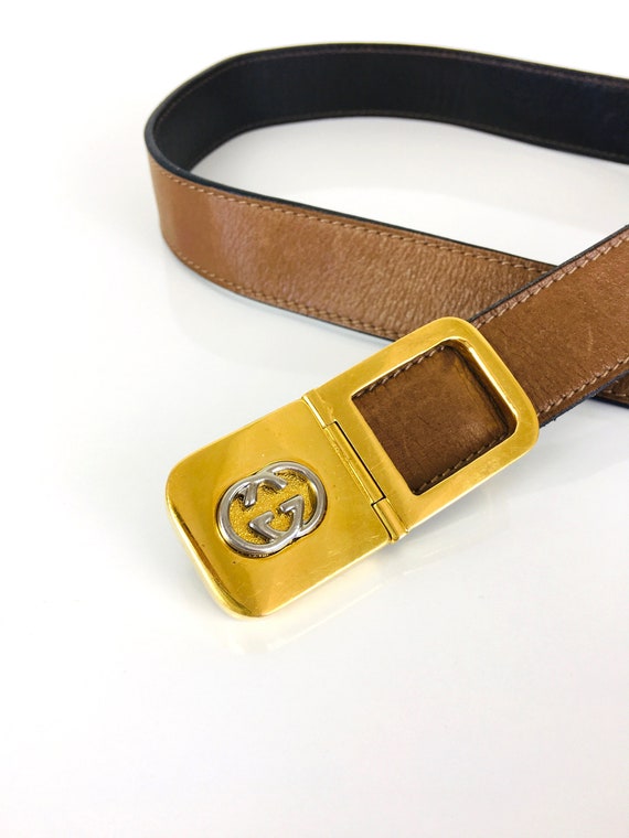 Vintage 1980s GUCCI GG Gold & Silver Buckle Brown… - image 3