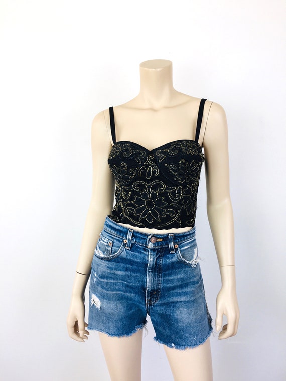 Vintage 1980s Black & GOLD BEADED BUSTIER Crop To… - image 3