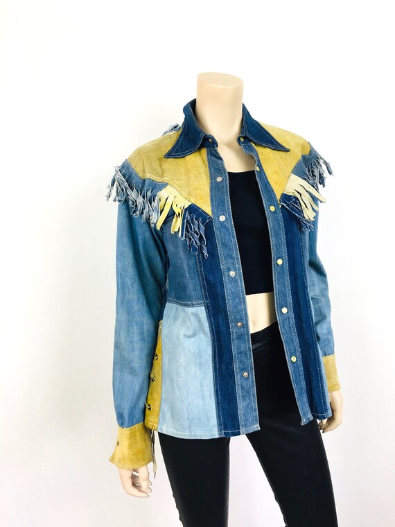 Vintage 1970s PATCHWORK DENIM & LEATHER Fringe Fa… - image 6