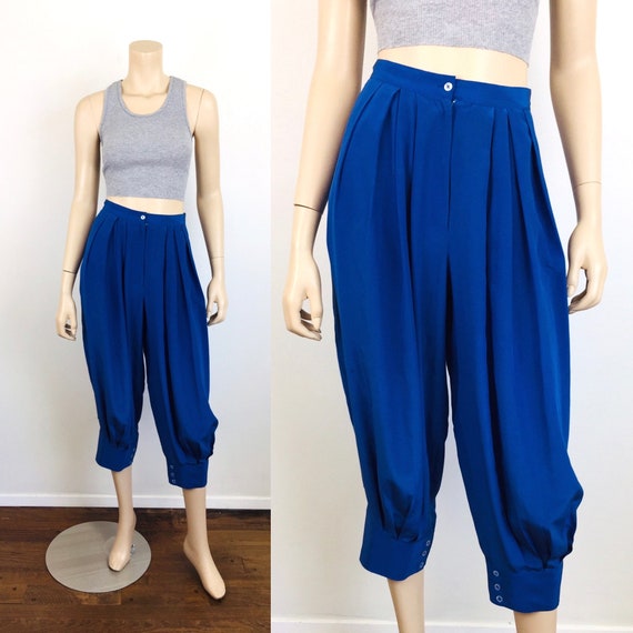 Vintage 1980s Blue SILK PLEATED HAREM Pants - image 1