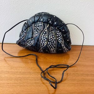 1980s Vintage Black RHINESTONE STUDDED Paint SPLATTER & Metallic Trim Clamshell Shoulder Bag / Clutch / Purse