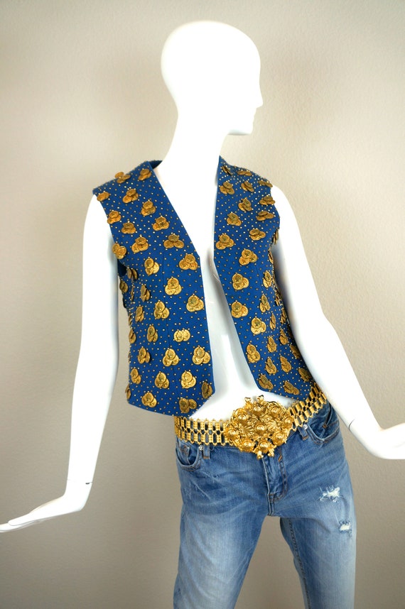 60s Vintage ADOLFO Blue GOLD COIN & Studded Felted